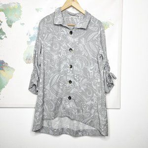 Soft Surroundings Top Sz Medium Allora Tunic Gray White Floral Tencel Button Up